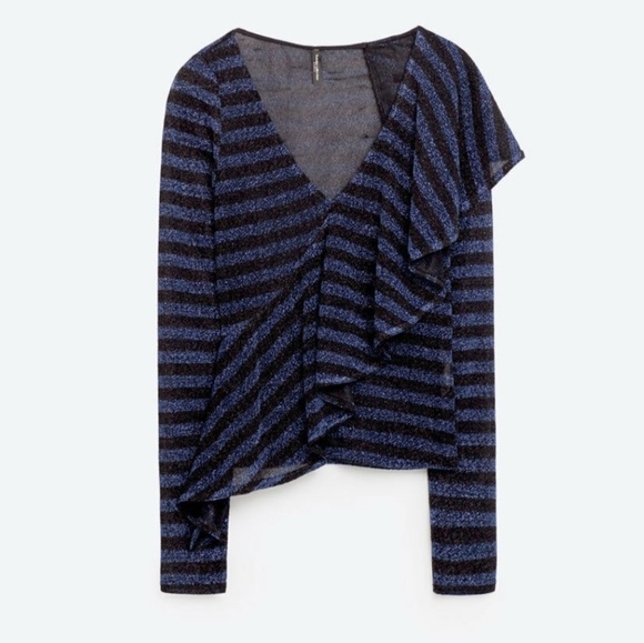 Zara Frill Metallic V-neck Stripe Sheer Blouse M - Picture 2 of 8